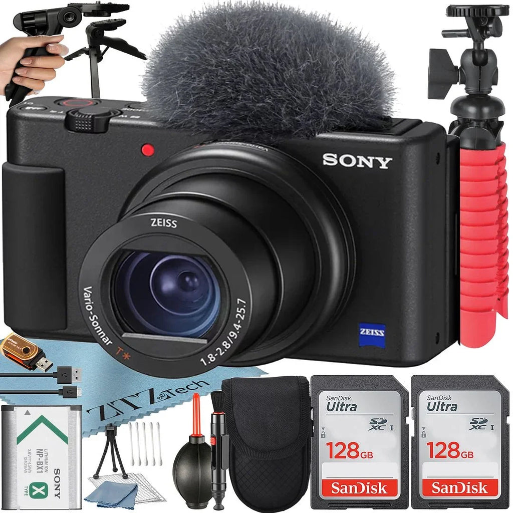 Sony + Card Vlogging Bundle Tripod (Black) SanDisk Pack 2 Memory Camera Case ZeeTech ZV-1F with + Accessory 128GB +