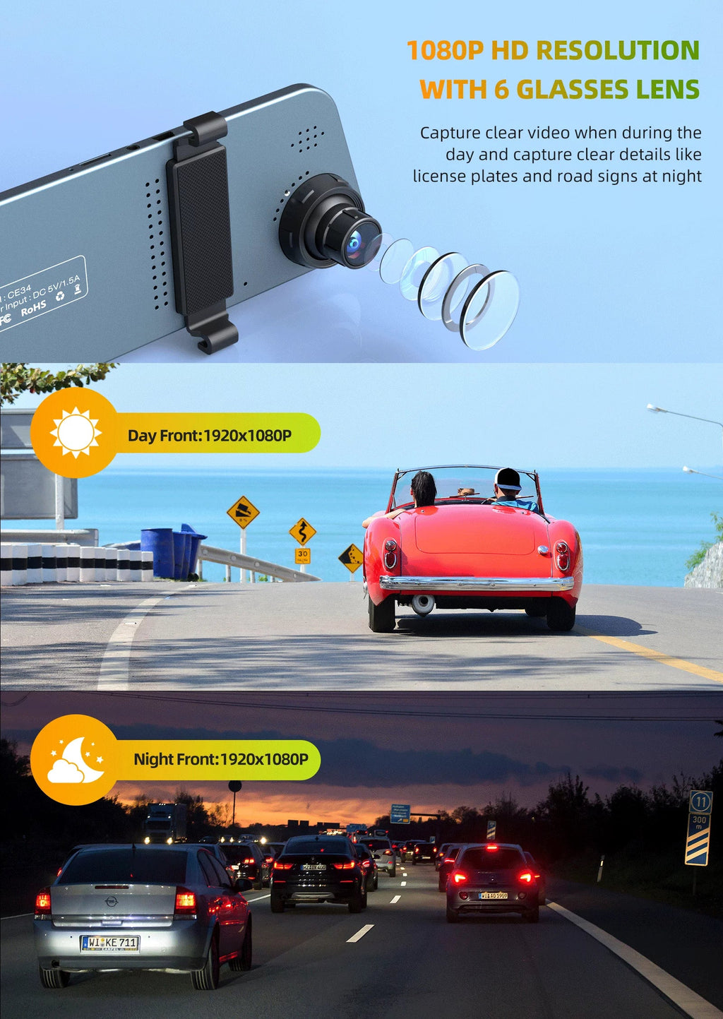 Touch Full Cars, for IPS and Screen Front Loop Camera Cam Mirror Dual Assistant Recording, TOGUARD Rear Rear Parking Camera, Monitor, 5'' G-Sensor, Dash View with Dash Mirror HD Parking 1080P