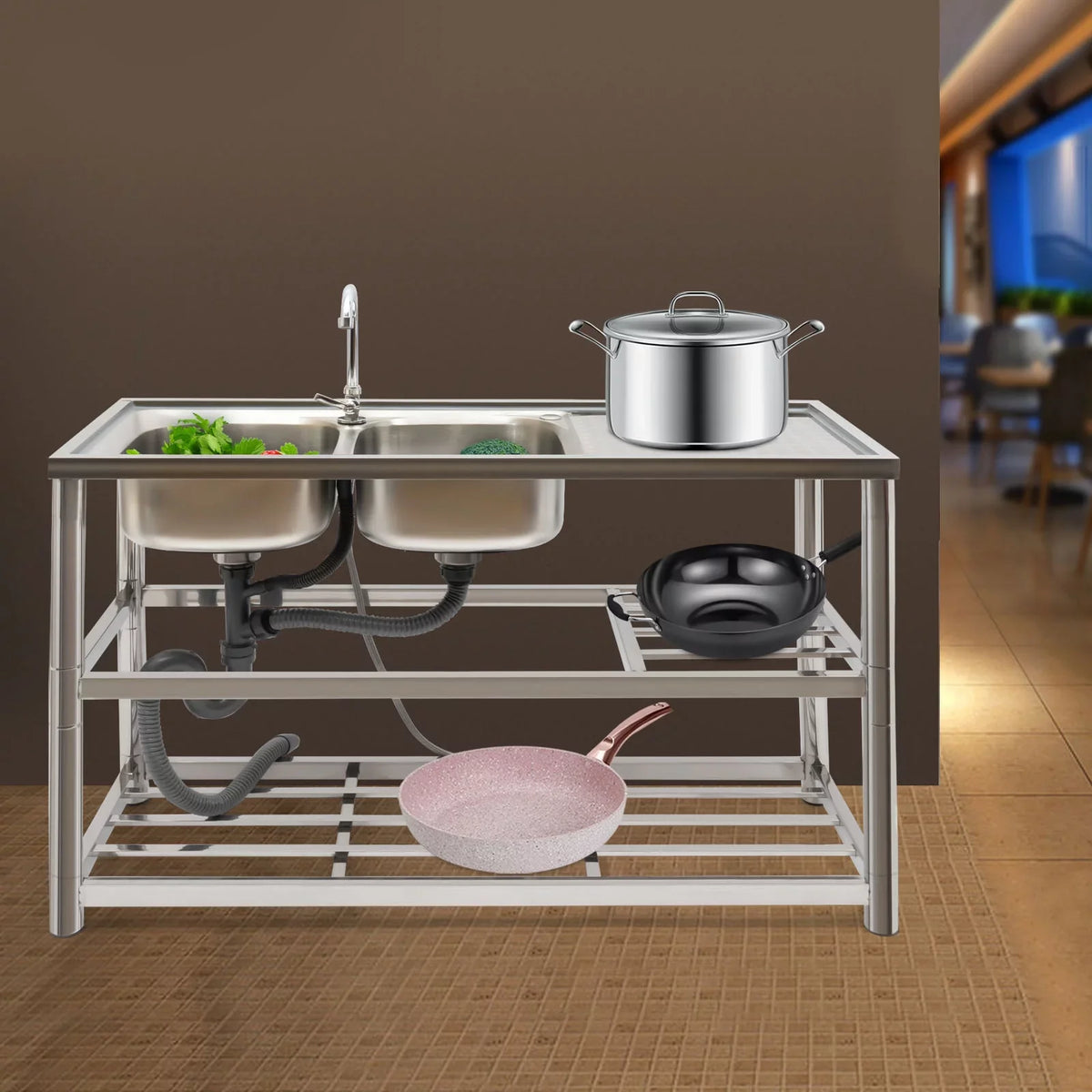 with Double Prep Faucet+Drainpipe Kitchen Stainless Steel Basin Freestanding Bowl Sink Utility & Sink Aiqidi Commercial Restaurant