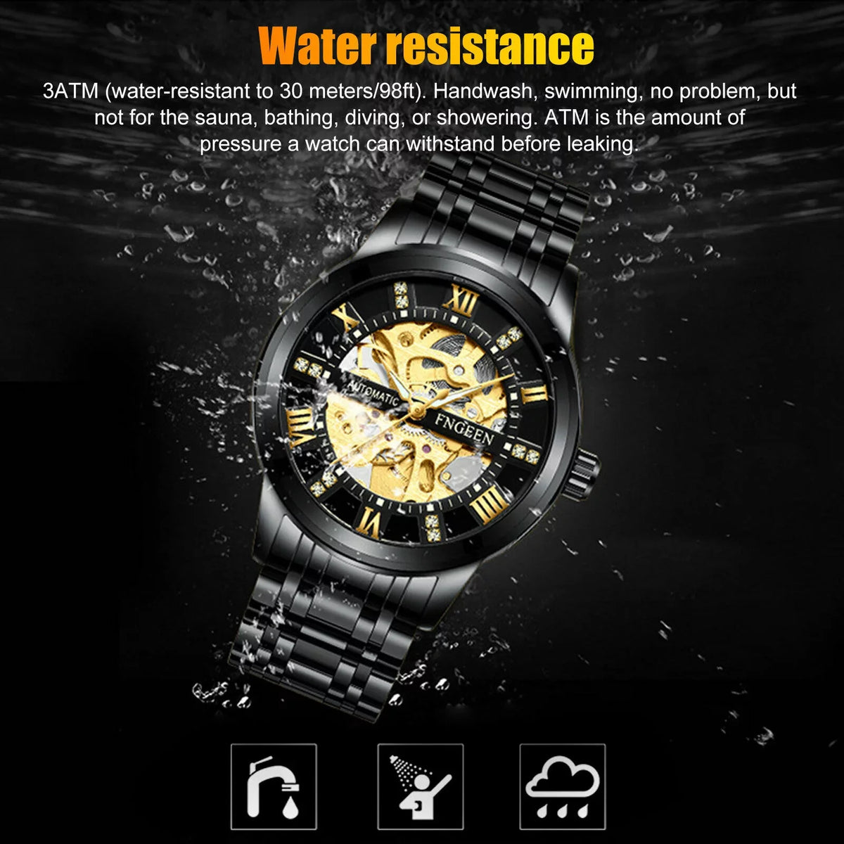 Men's Retro Stainless Automatic FNGEEN Hollow Mechanical Watch Steel Dial Luxury