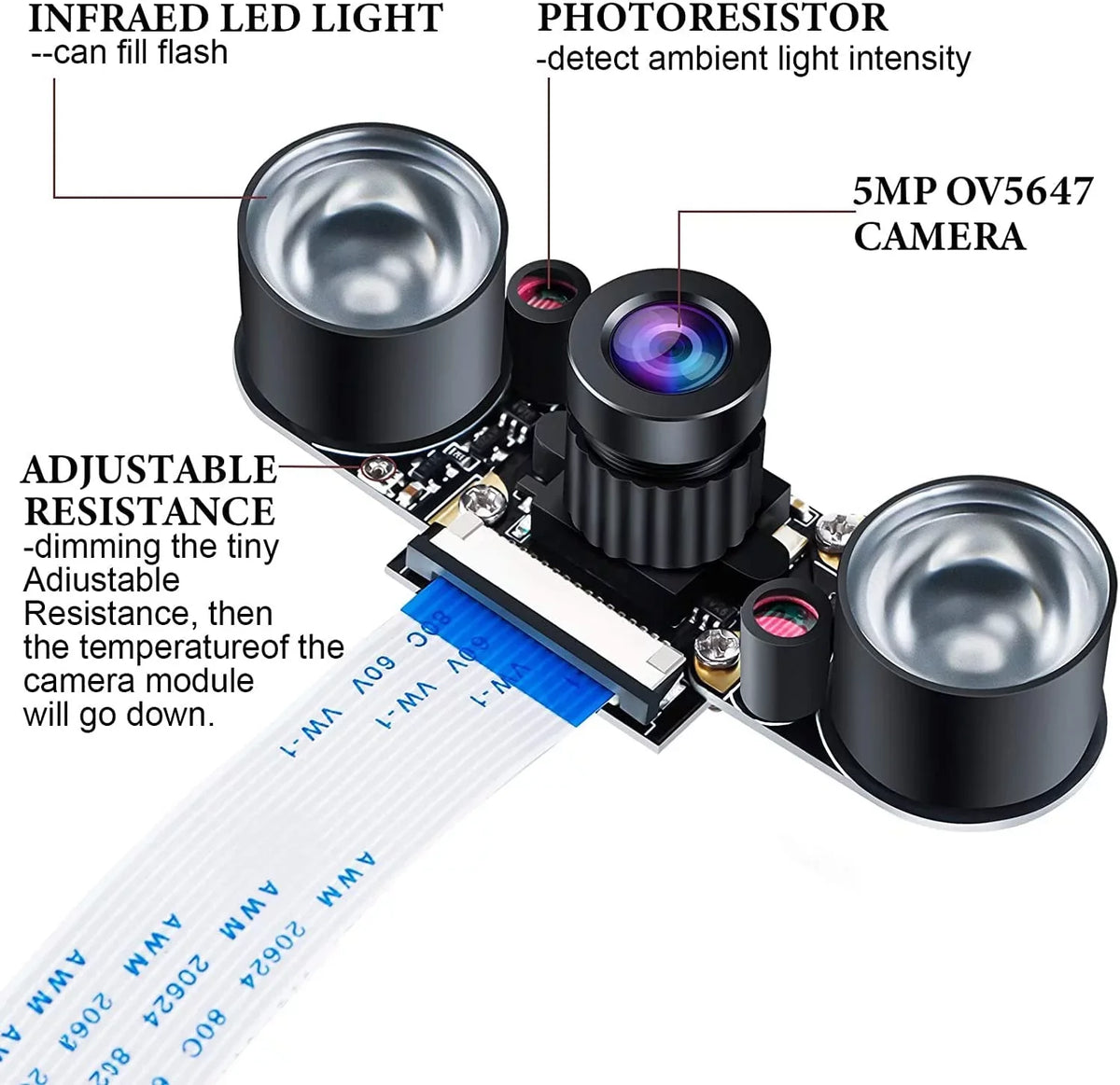 Webcam Vision Camera Compatible OV5647 Adjustable-Focus Module 1080p Video 5MP Raspberry 4 Camera Night Pi