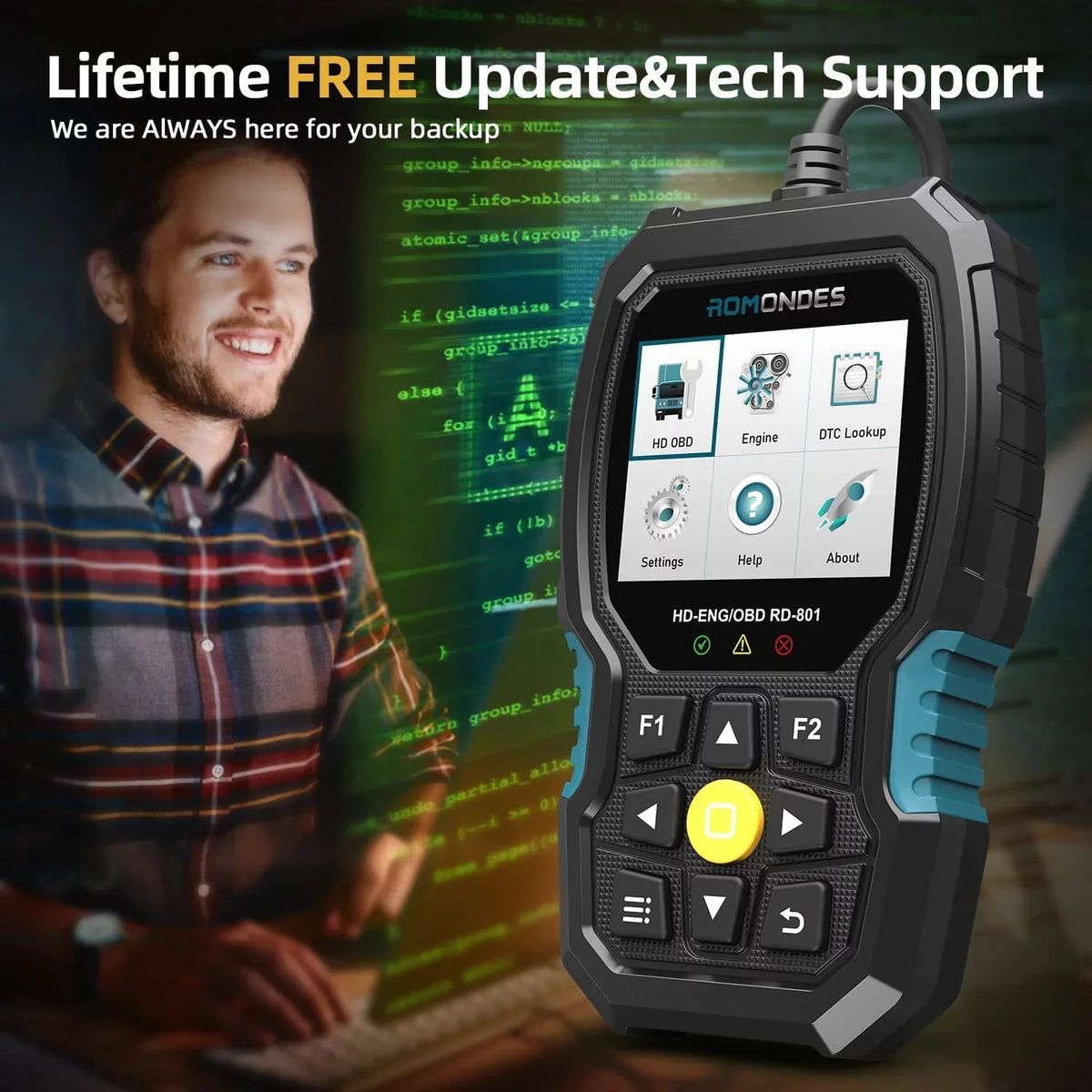 Fuso, Code RD801 1 Romondes Tool UD Auto , & for Scania, Diesel Scanner OBD Check OBD2 Truck 2 Cummins, Truck Heavy DAF Tool OBD Car Engine Diagnostic in Hino, Man, Reader HD Scan EOBD Scanner Duty