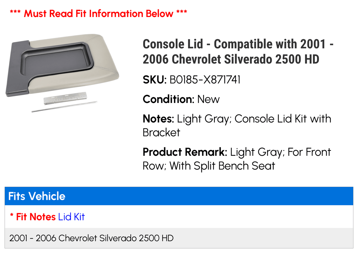 2004 - 2001 - 2002 2500 Console Silverado with 2006 Chevy HD 2003 2005 Lid Compatible