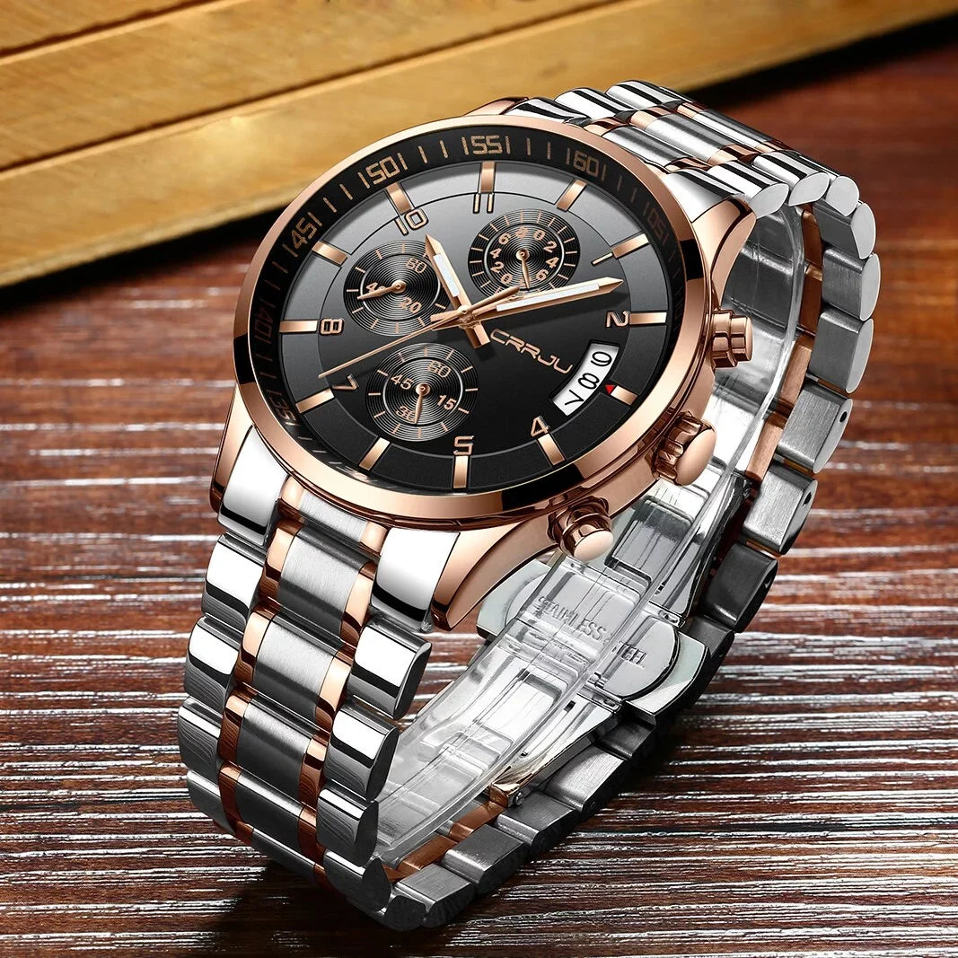 Stainless Chronograph CRRJU Men relogio Steel Business Quartz Watch Waterproof masculino Luxury Watch for Mens Watches Fashion