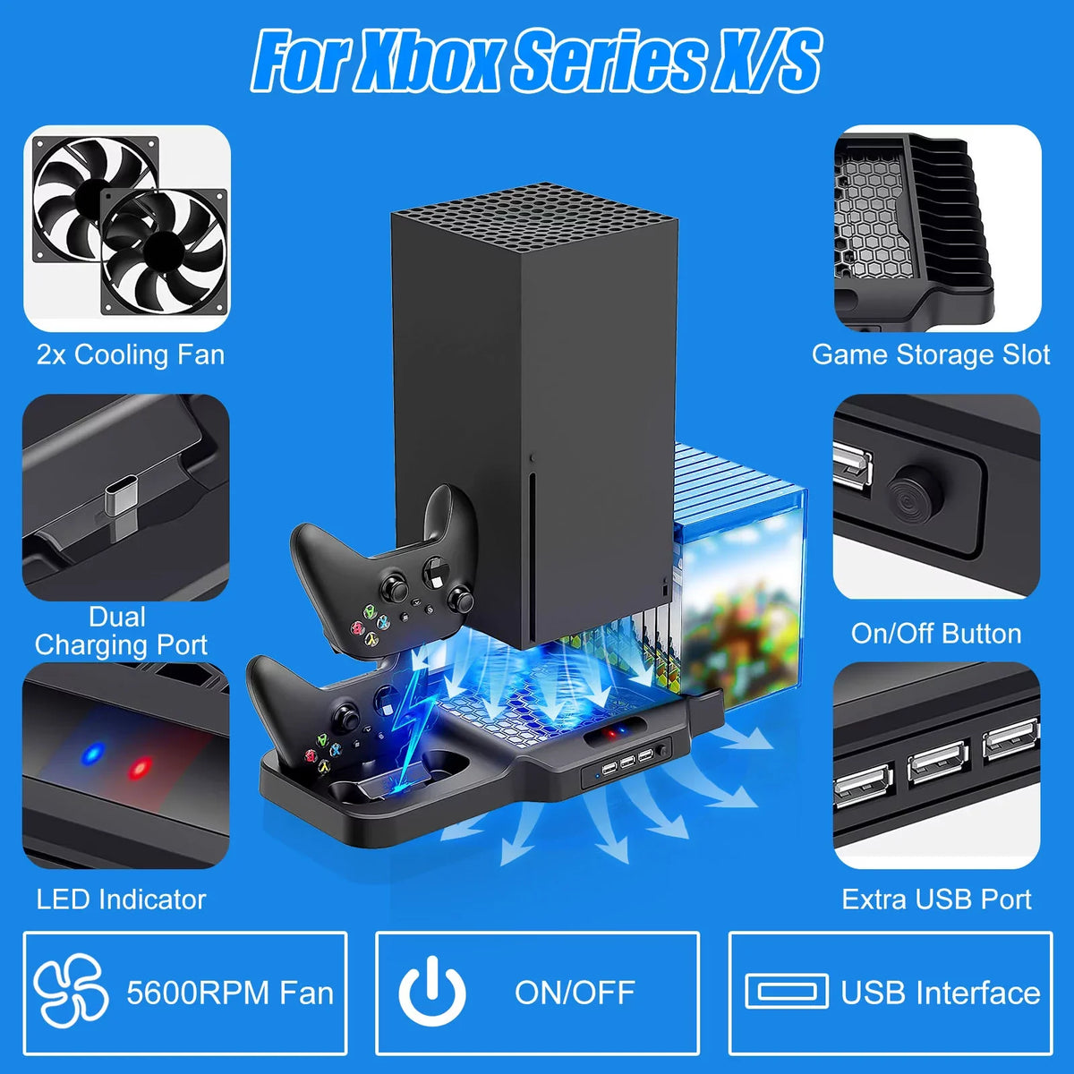 Xbox with Series Slots EEEkit Controller Station for Fit Xbox Fans, S/X Stand Fit Charging USB for Vertical Dual 3 with 2 11 X/S Game Dock Fast Series Cooling Ports, Disc