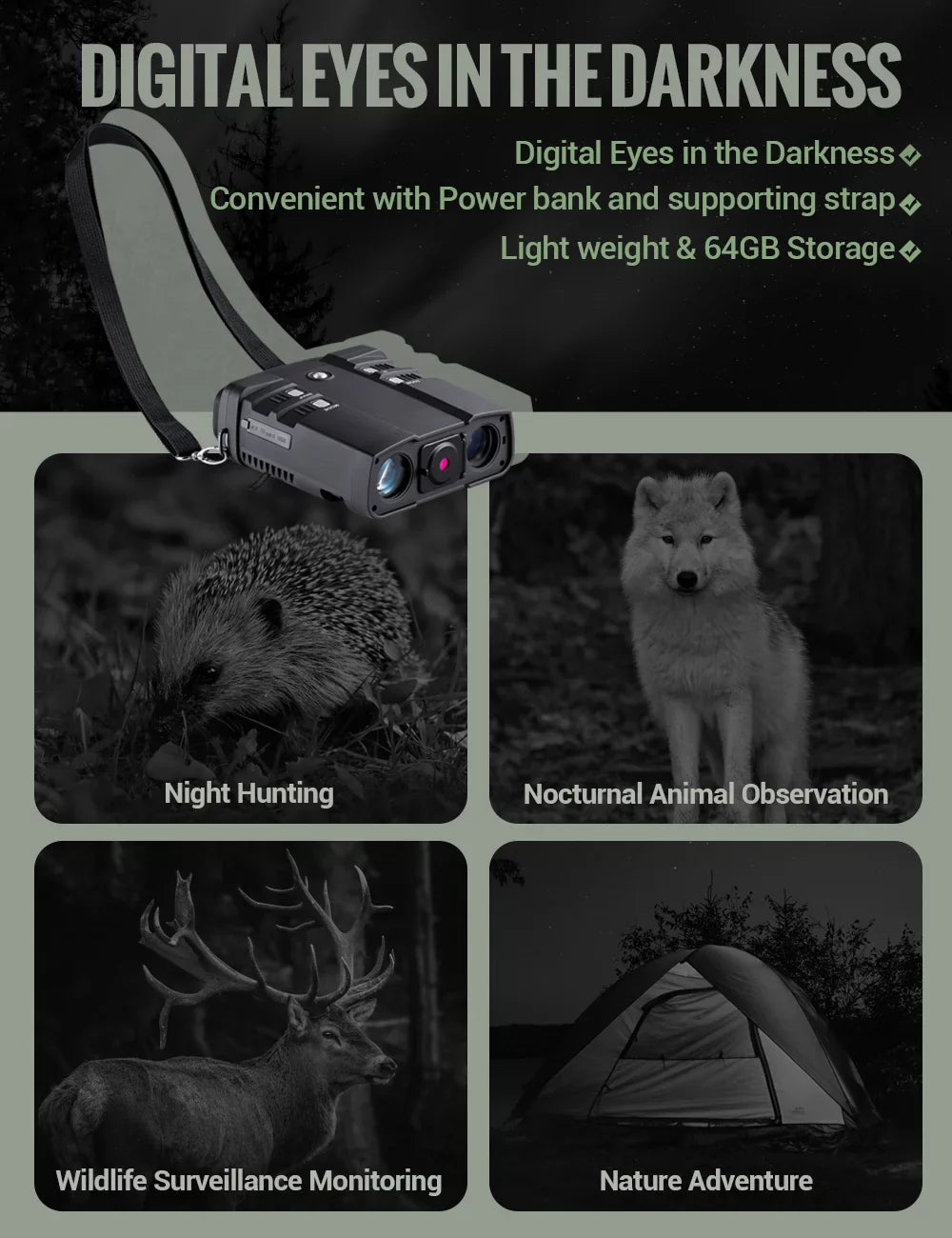 Binoculars with and Binocular Day Darkness Hunting TF Card Vision with LAKWAR x 31mm Viewing for Total Night Large Infrared Screen Digital for Night 64G Binoculars 10.8 Night Vision
