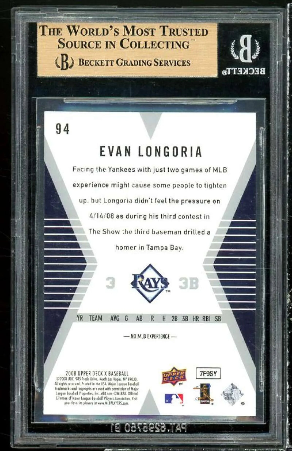 Rookie Card Evan Longoria 2008 (pristine) #94 Upper Deck 10 X BGS