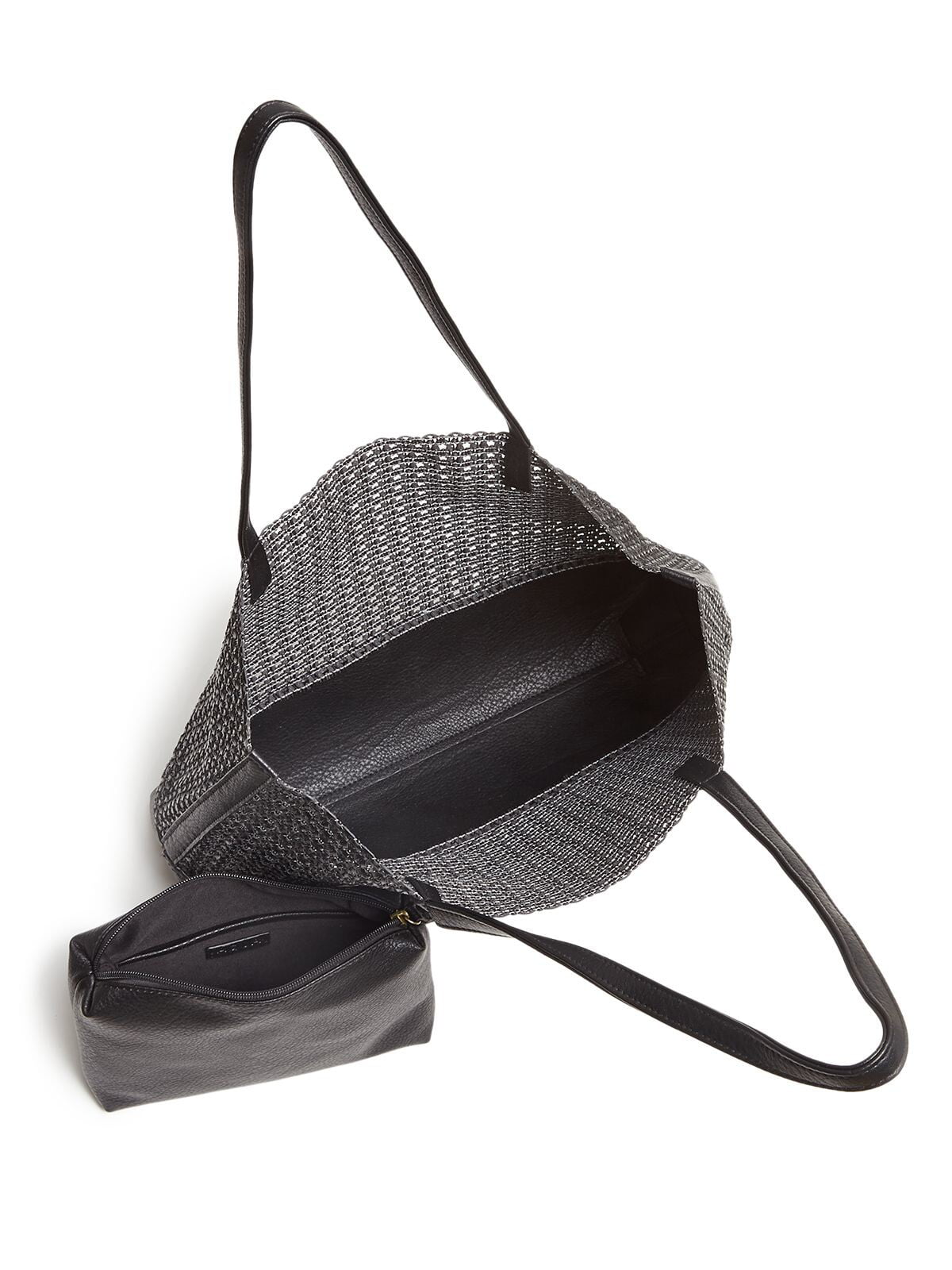 Strap Double Flat Tote Handbag Purse Woven AQUA Black Women's