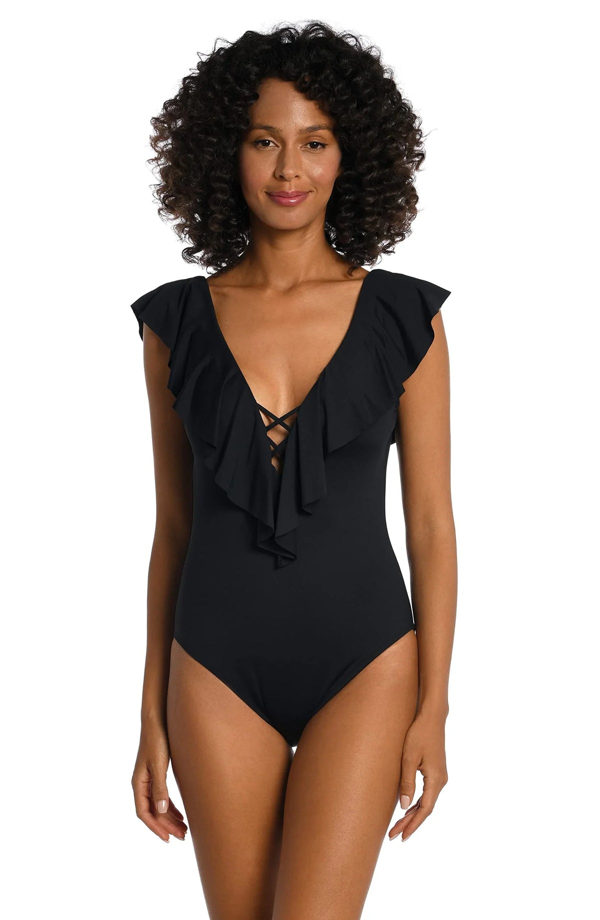 Over Plunge Island Women's Blanca Black, Shoulder 4 La Piece, The Ruffle One Goddess