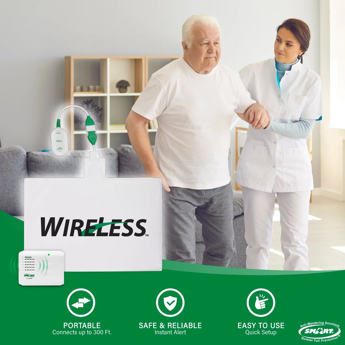 Wireless Caregiver with Prevention | with x 10" Pager System Smart Sensor Alarm | to Caregiver Cordless for Fall 300' Sensor Chair Chair Alarm up 15" and for Chair Weight Alerts Range Pressure Alarm
