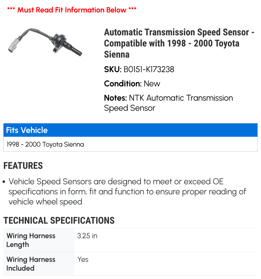 '- Transmission with 1999 2000 Automatic Sienna Compatible - Speed Sensor Toyota 1998