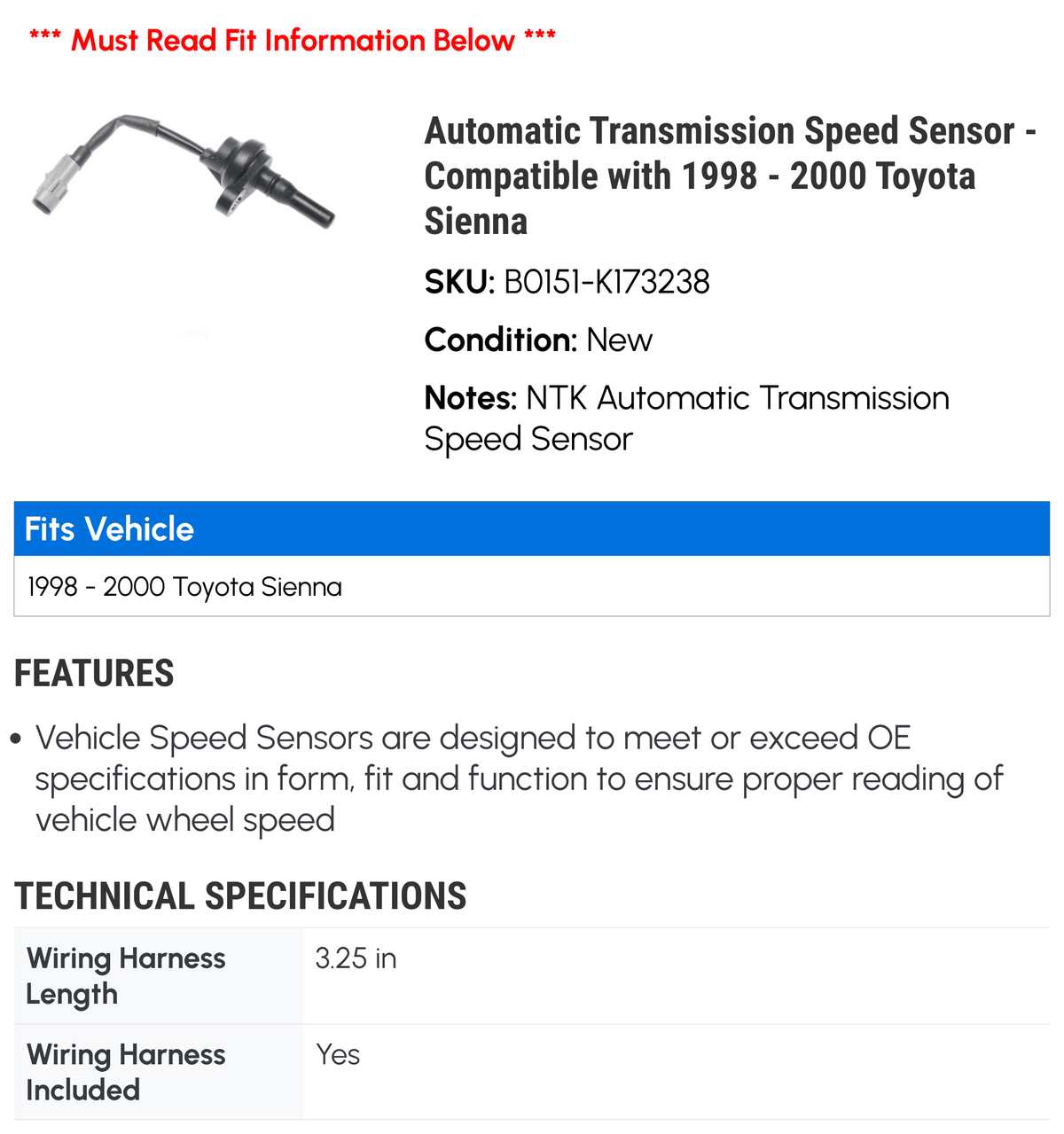 '- Transmission with 1999 2000 Automatic Sienna Compatible - Speed Sensor Toyota 1998