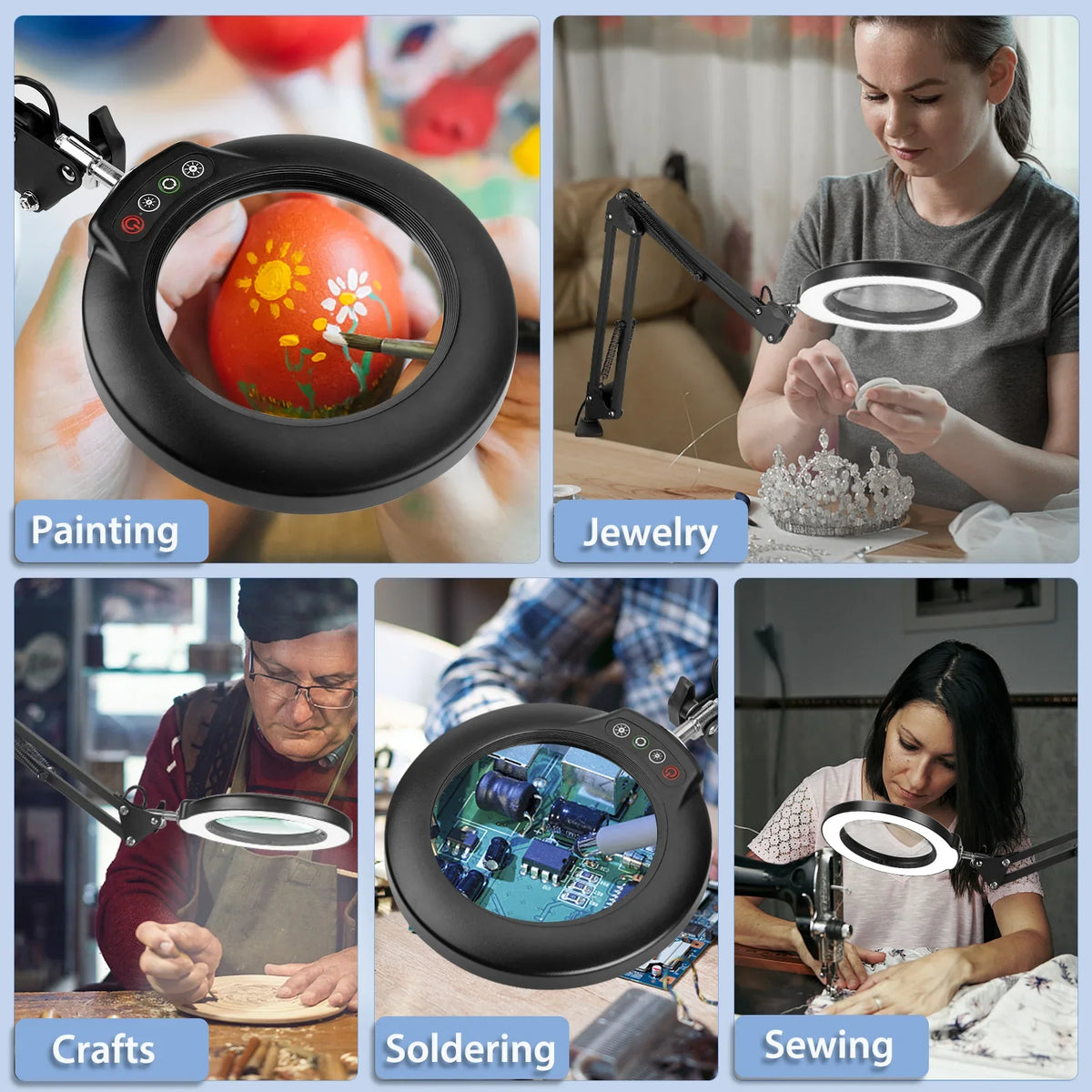 5 for 10X Craft, and Desk with Stepless Glass Magnifying 2-in-1 Dimmable, Lamp LED Sewing Magnifier with Magnifying Color Hands Painting, Free Work, Close Lighted Stand, Modes Clamp, Light