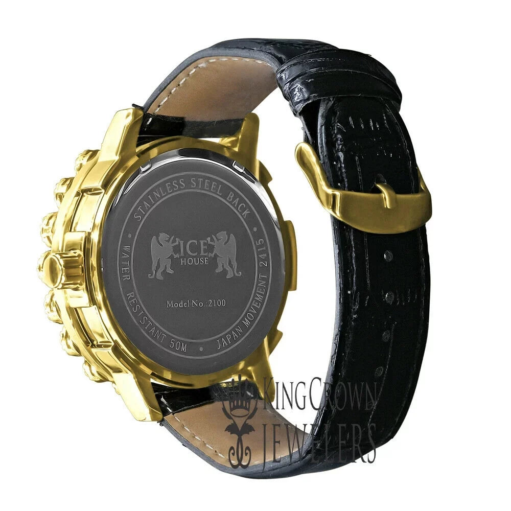 Bezel W/Date Face Diamond Roman Gold Tone Mens Khronos Dial Leather Wrist Watch Flower Genuine Genuine