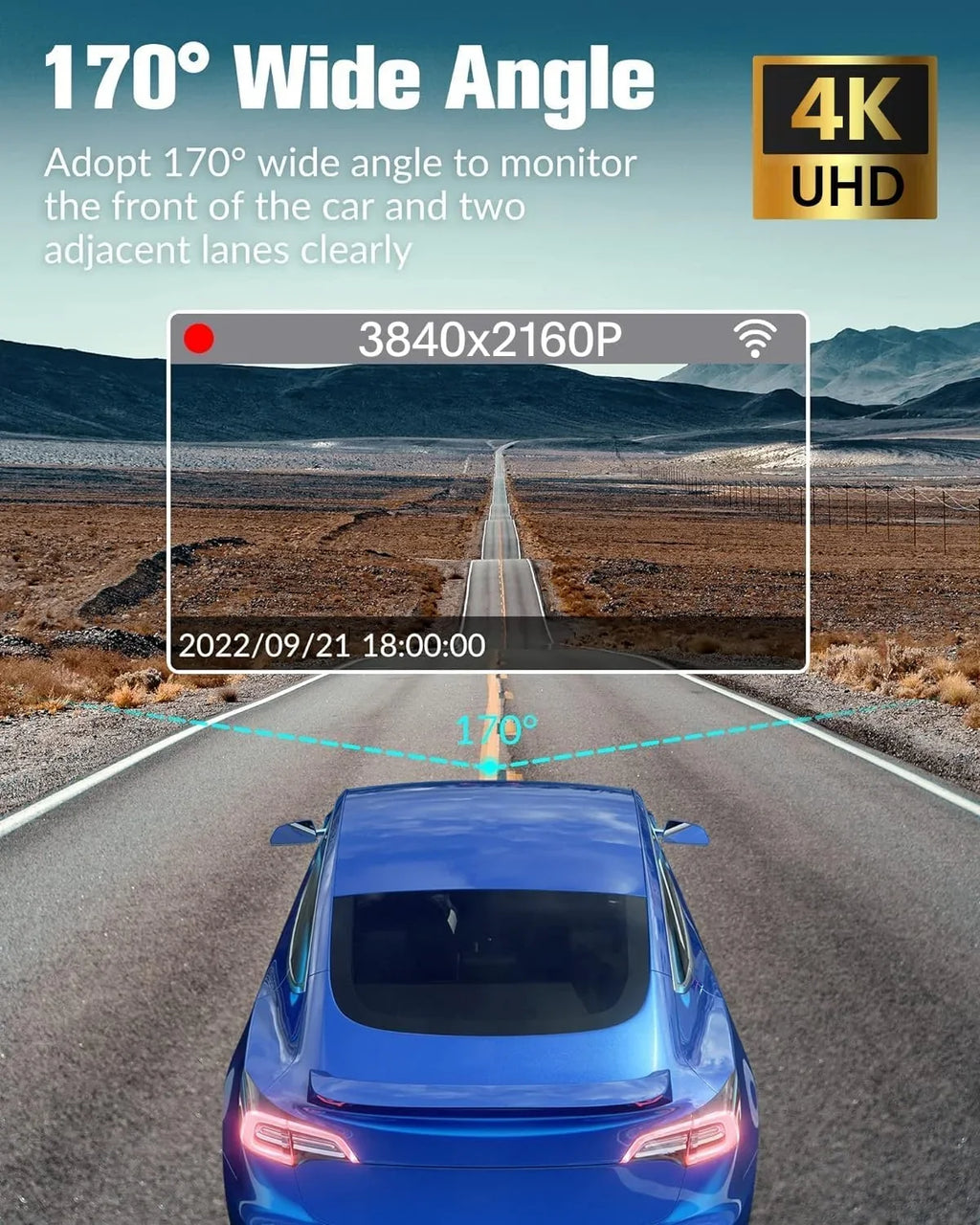 3 Night Recording,24H Screen,WDR,Loop Channel Full IPS Dash with SD Camera Cars Cam Parking Mode UHD Vision,170°Wide Angle,2.0'' Super Inside,4K Rear Dash 32GB Front for Free and Card,Built-in