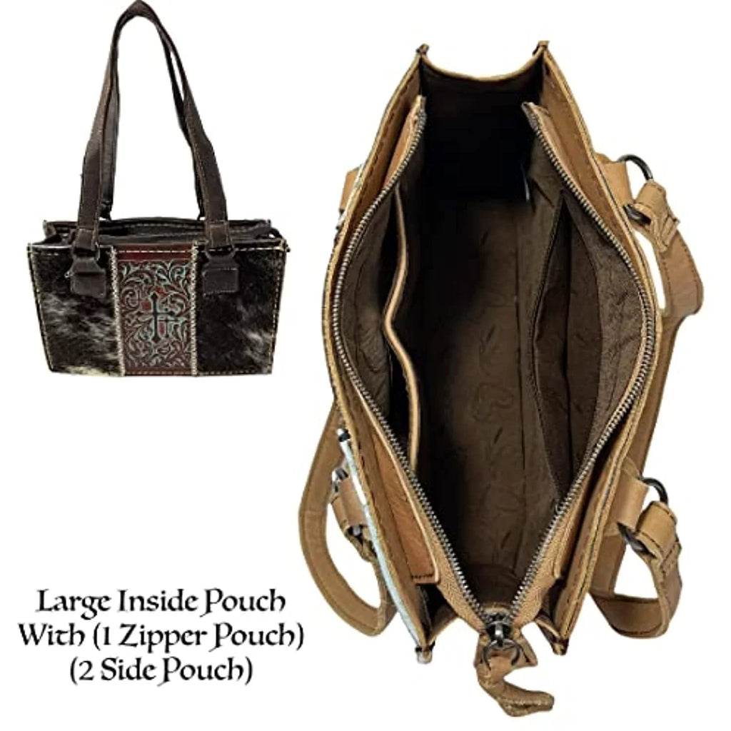 Genuine Urbalabs Tooled Women Leather Western Purses Purse with Over the Bag Brown Western Zipper (Dark Handbag In Tote Shoulder Stitched CowHair Dark Hand Crosses for Brown)