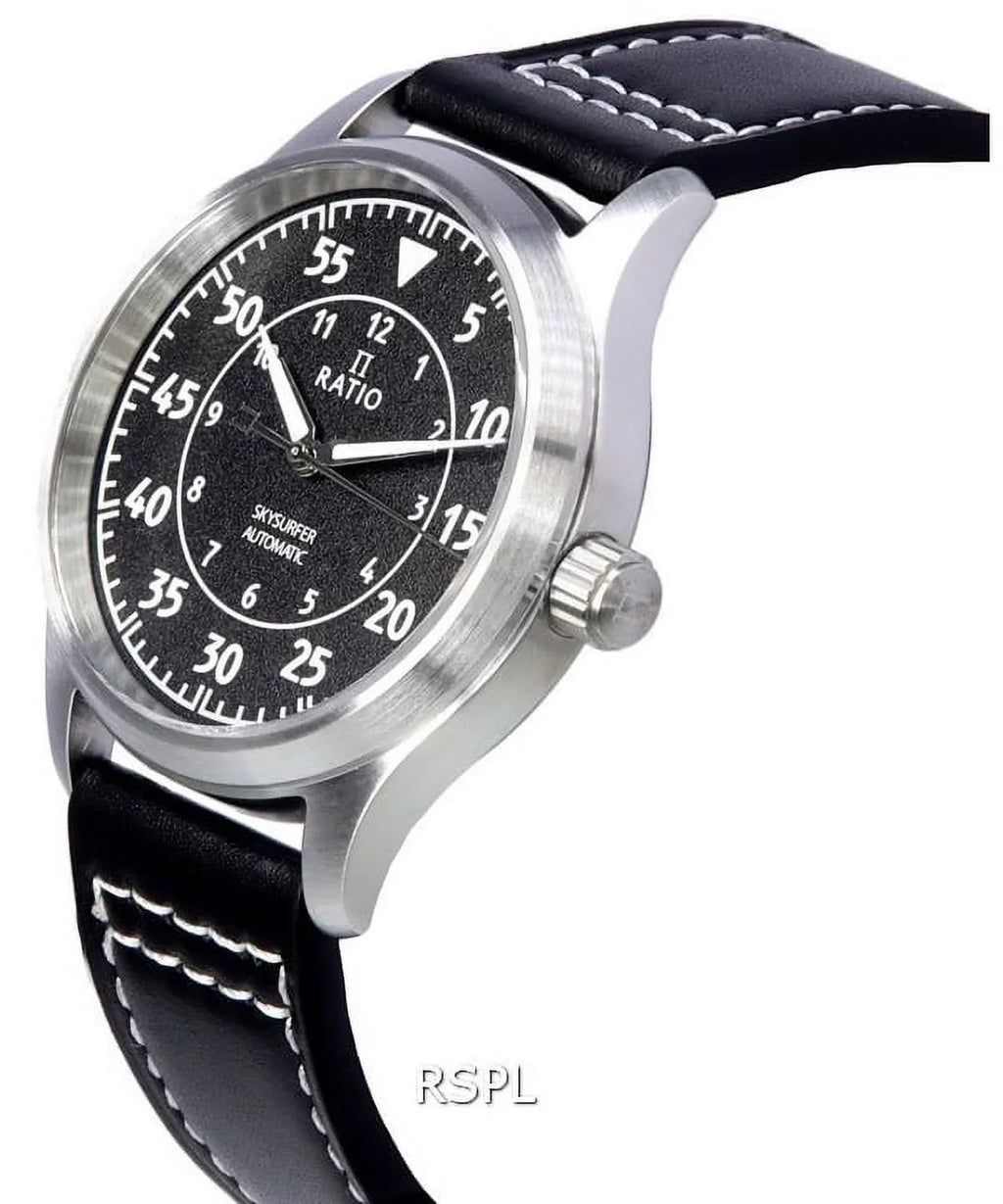 Automatic Men's Dial Textured Ratio Leather 200M Watch RTS320 Skysurfer Black Pilot