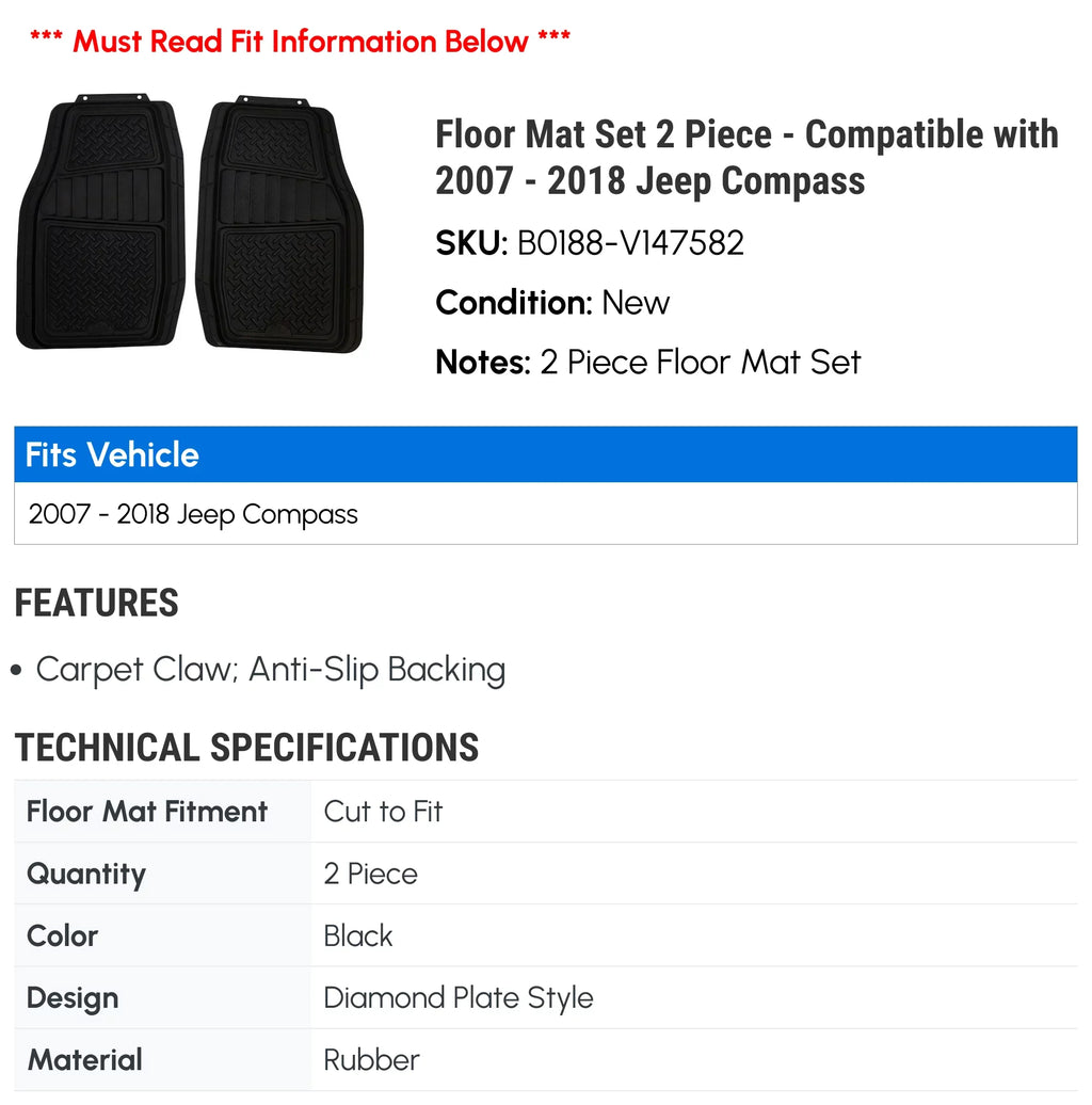 2014 Compatible 2011 2018 2009 Jeep Compass 2017 2013 2015 2016 2007 Floor 2010 2012 Mat Piece - 2 Set 2008 with -