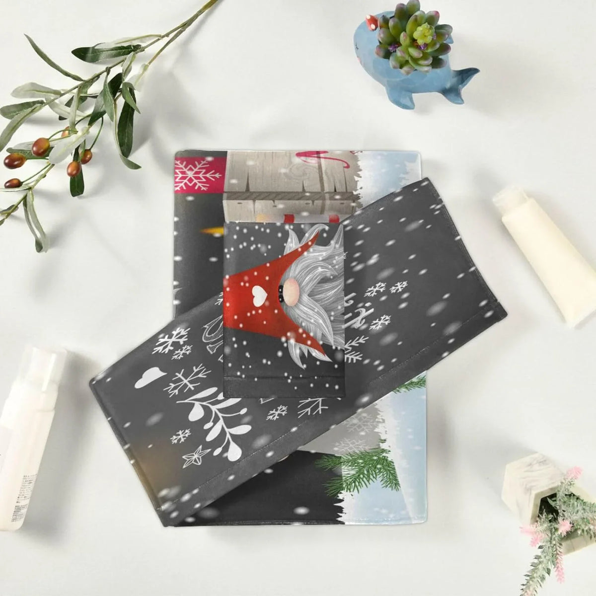 Bathroom of Gym Christmas for Bath 3, Washcloth Soft Set Highly with Towel Towels Absorbent Wellsay Towel Hotel Hand Spa Towel, and Gnome