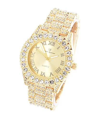 Numerals Iced ST10327LA (Gold-Gold) Raymond - Big Rocks Fully Out Blinged Dial Hop Roman Charles Women's with Hip Out Wristwatch