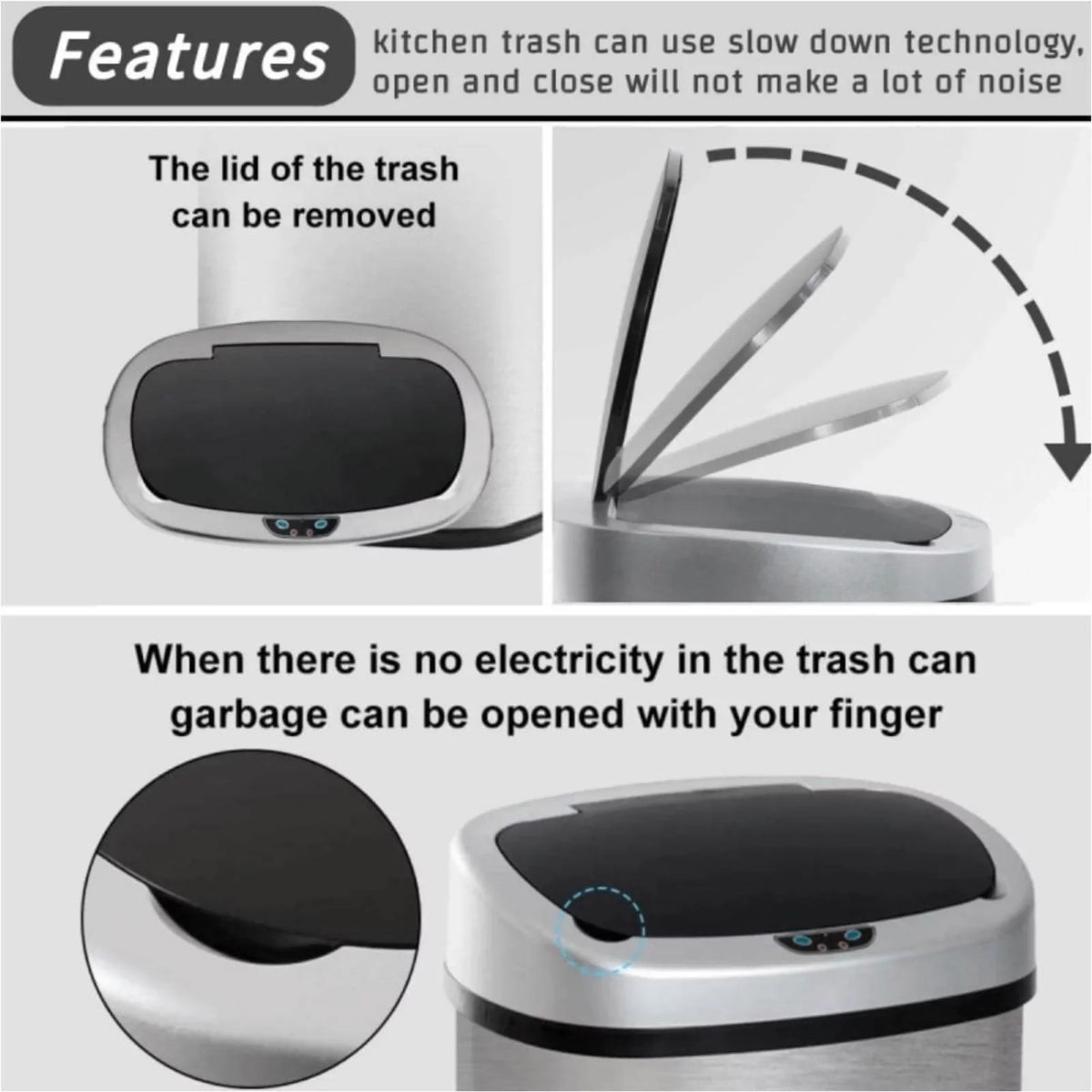 Office Can Touch-Free Trash Waste with Steel Automatic Silver Motion Home, Lid, Anti-Fingerprint Bin Designed Kitchen for Garbage Stainless Gallon NiamVelo Can with Sensor, 13 Mute &
