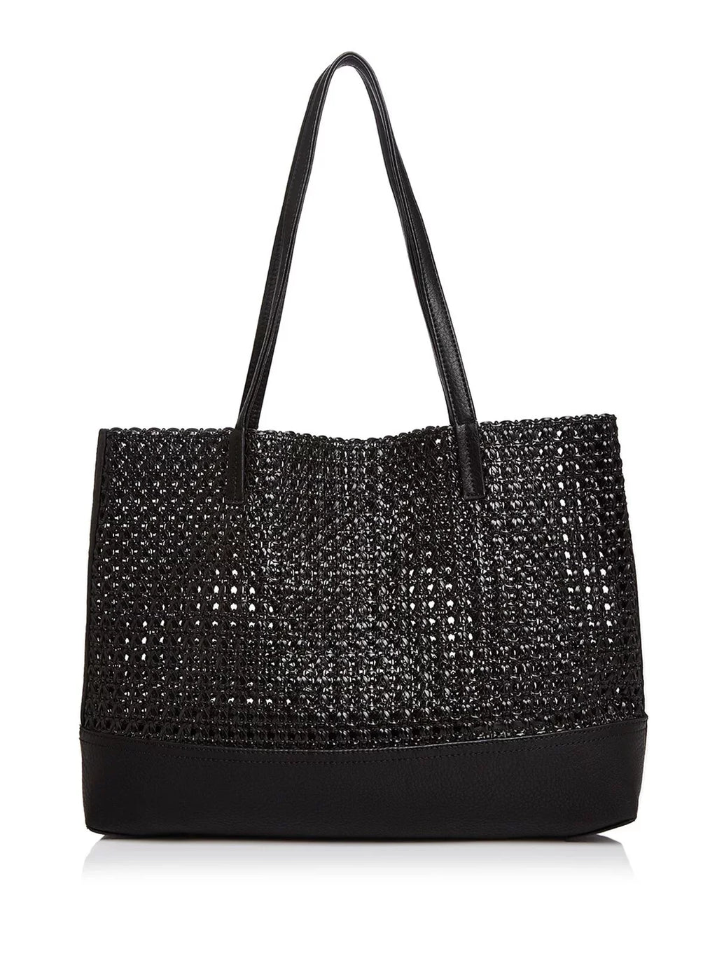 Strap Double Flat Tote Handbag Purse Woven AQUA Black Women's