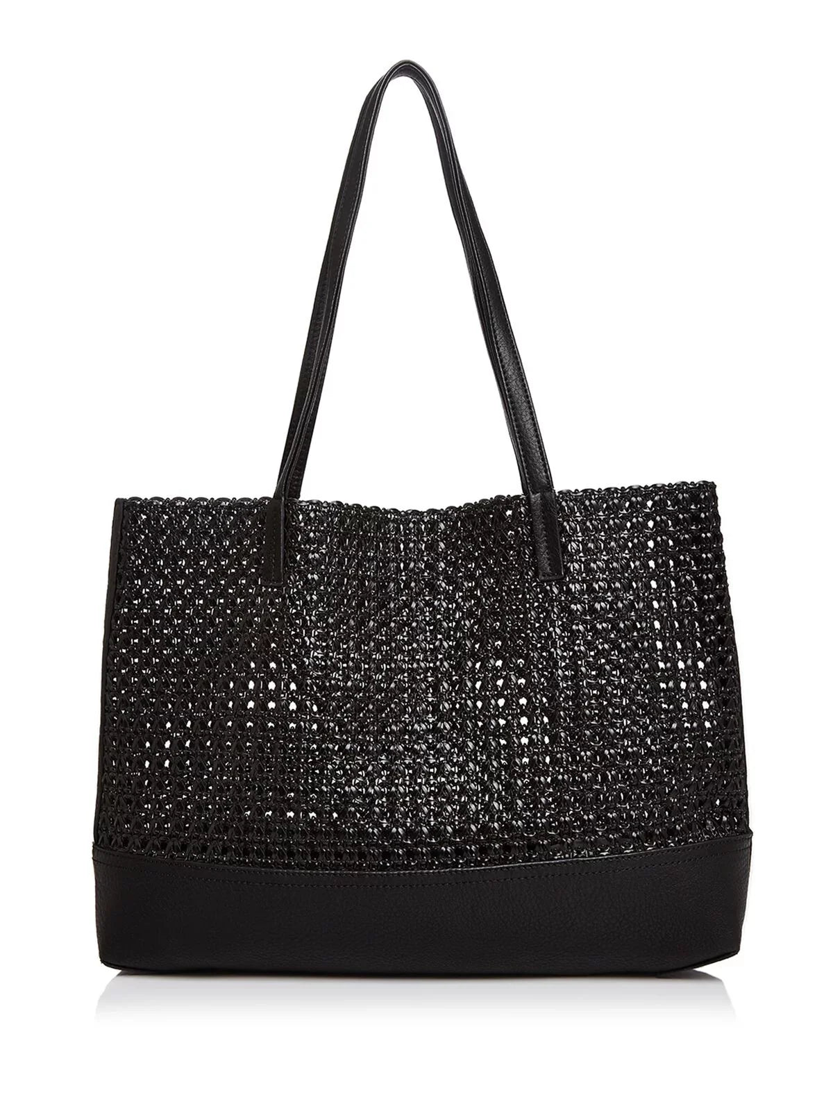 Strap Double Flat Tote Handbag Purse Woven AQUA Black Women's
