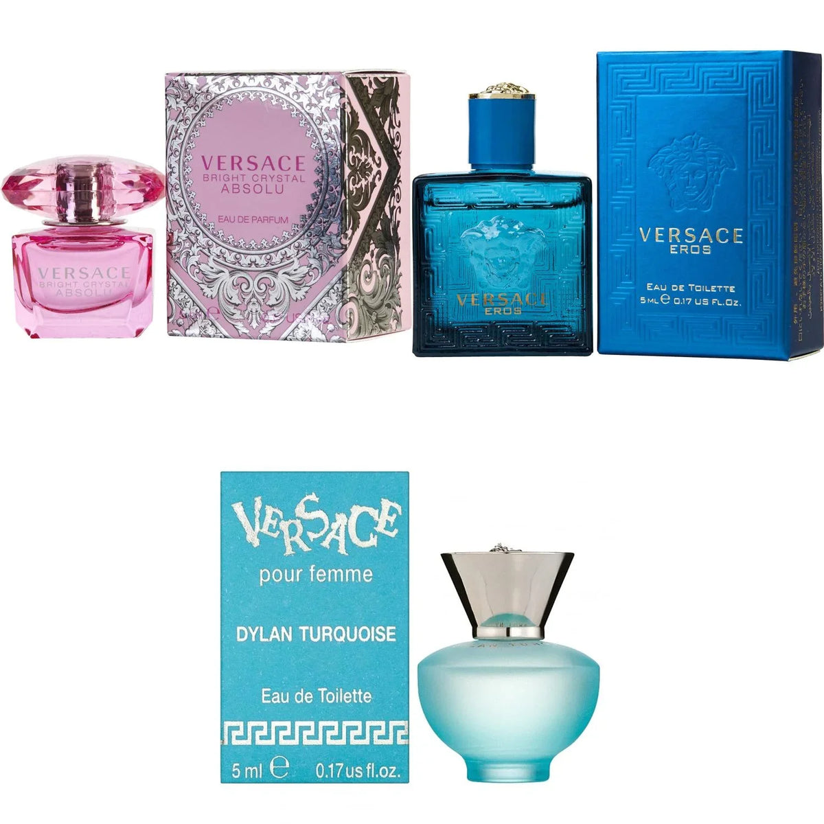 Kit Versace Crystal 5ml Eros Bright Femme Men 3PK Absolu Dylan - EDP, EDT, Turquoise