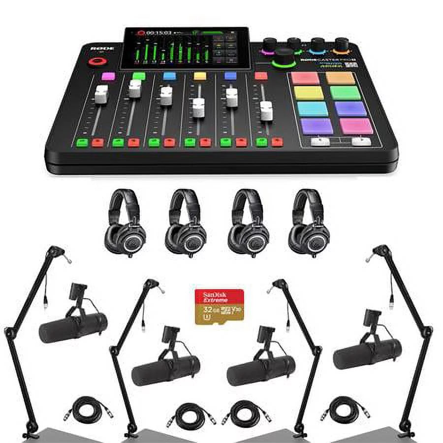 Broadcast Audio Production Headphones, 4x II Studio to RODECaster with Console F 4x XLR 4x Cable, SM7B Bundle 32BG Pro Integrated ATH-M50x Arm, Card 4x microSD Mic, M