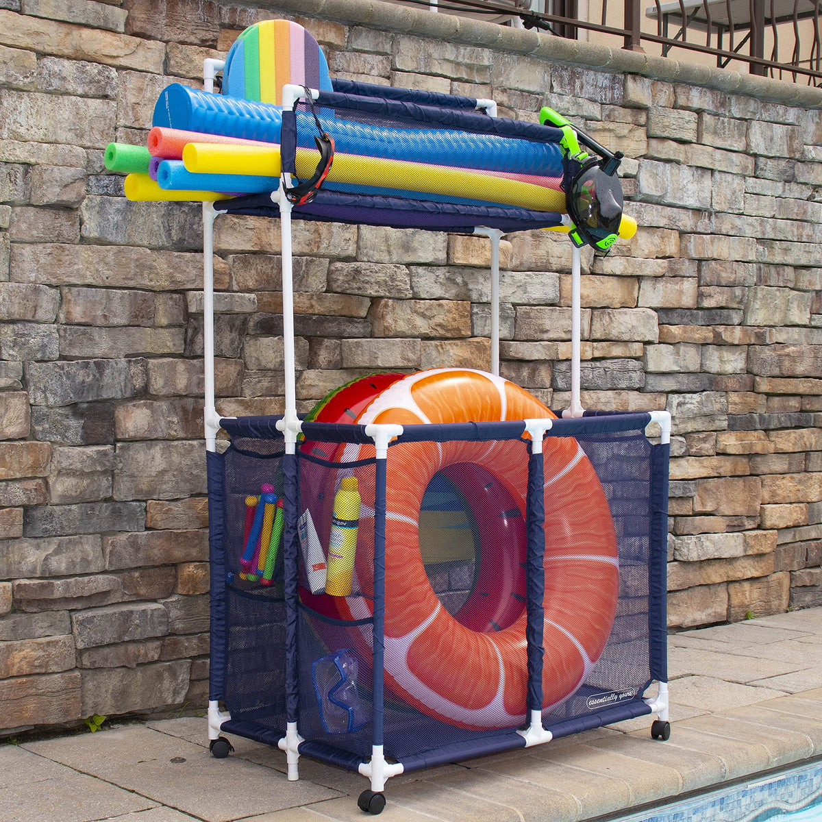 Pool Yours Decker Noodle Brown Mesh x Equipment (23" Toys, 59.4" W - Bin, Noodles, Organizer with Large L H), Holder Essentially 35.3" Rolling Floats Storage Rack, and Double Balls x