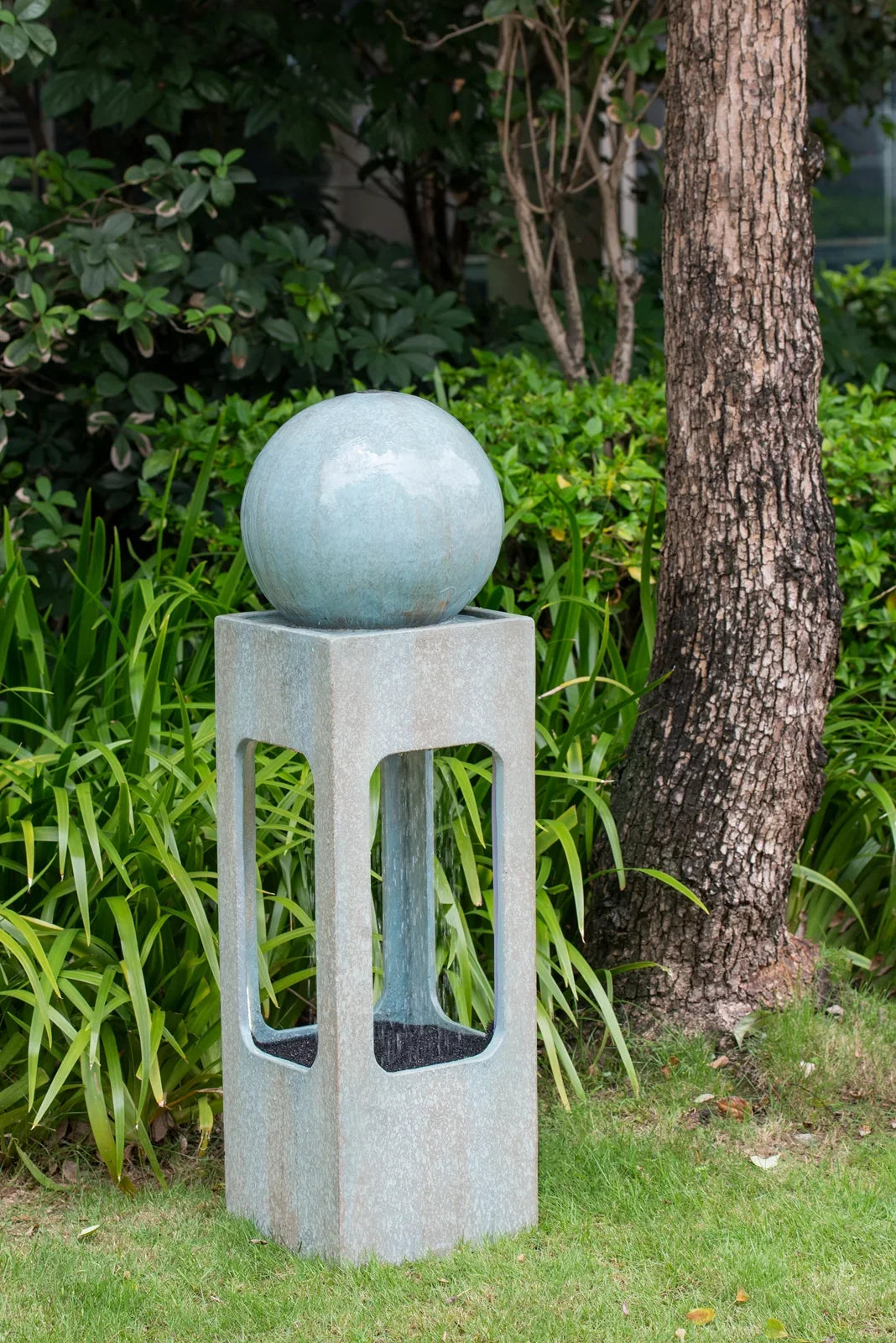 Light & with Fountain, For Feature Tall Contemporary Outdoor 13x13x44" Sphere Raindrop Deck Outdoor Garden, Patio Water Water Antique Cement/Concrete Fountain, Lawn, Blue