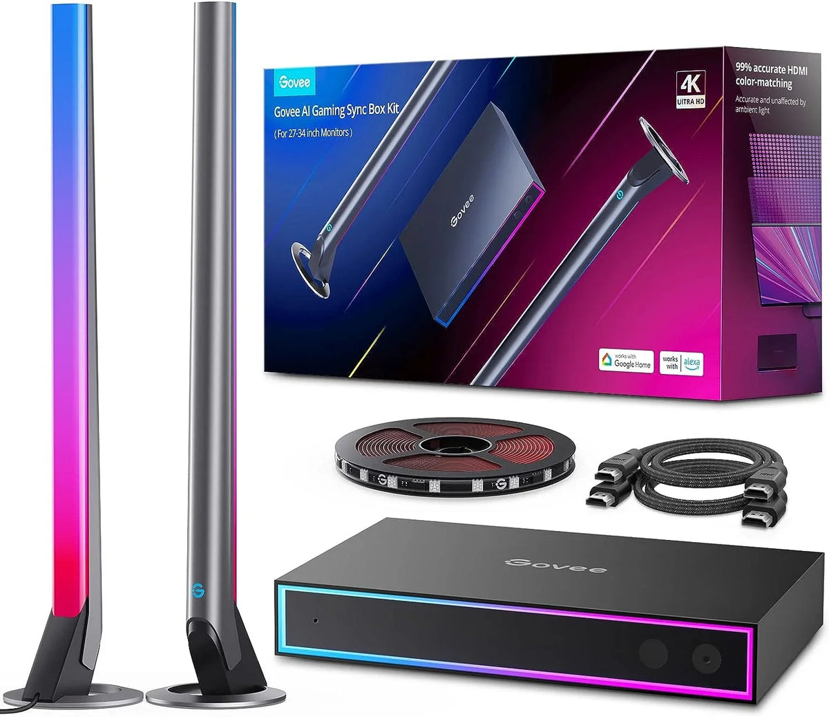 Box, inch Sync Gaming HDMI Monitors, HDMI2.0 Works Light Gaming and RGBIC In Strip Assistant, Google Kit, And 4K Govee Light with Out Bars CEC, with 1 Light, AI Back LED Box Alexa, for 3 27-34 Monitor
