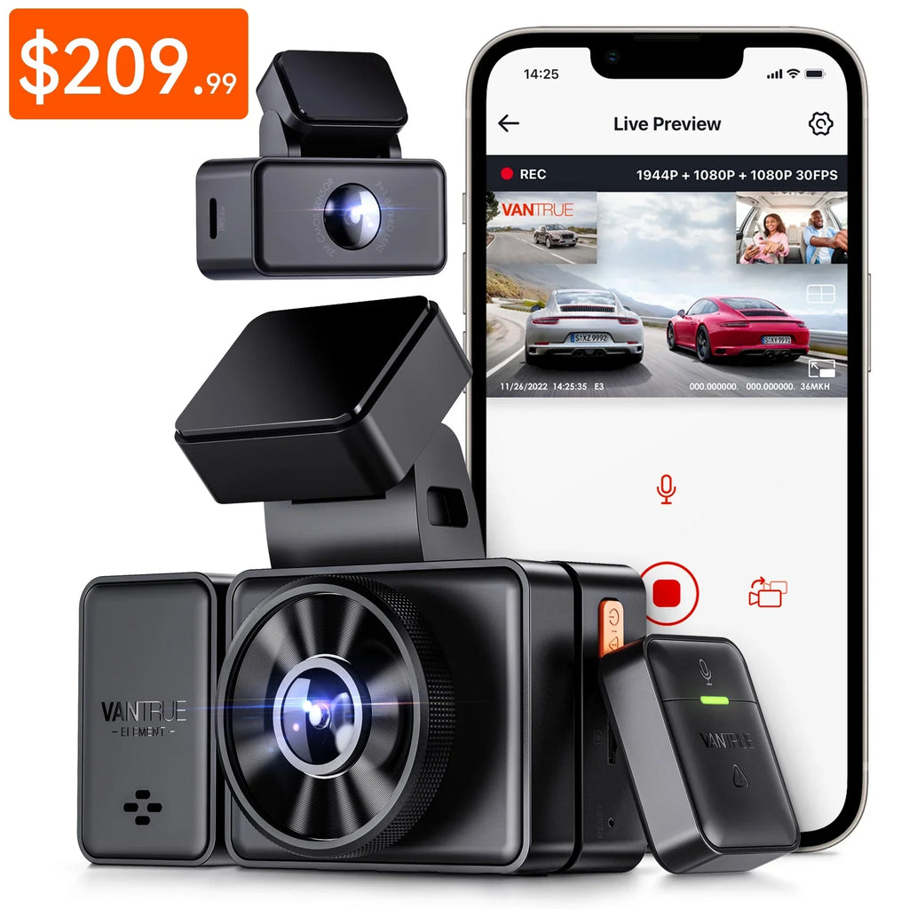 Voice Channel Dash GPS Triple Inside, Front WiFi 512GB 2.5K E3 Rear Control, Max Way and 24 Dash Support 3 3 Vision, STARVIS Hours Parking Night Cam Camera Vantrue IR 1944P+1080P+1080P with Mode,