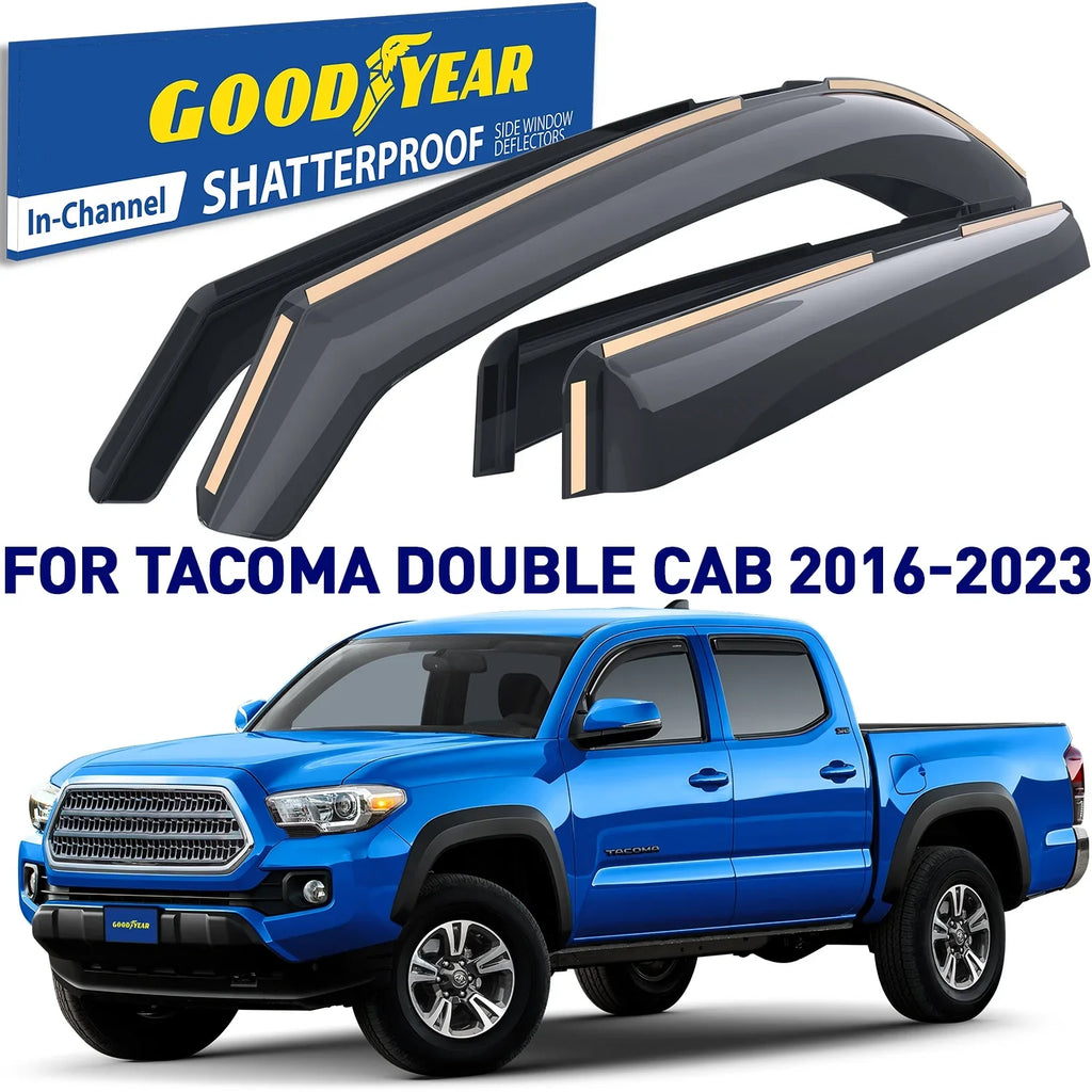 Guards, Trucks 4pcs. Shatterproof Deflector, Accessories, GY003409 Window Toyota Truck in-Channel 2016-2023 - Goodyear Rain Deflectors Tacoma Double Cab, Window Vent for Visors,