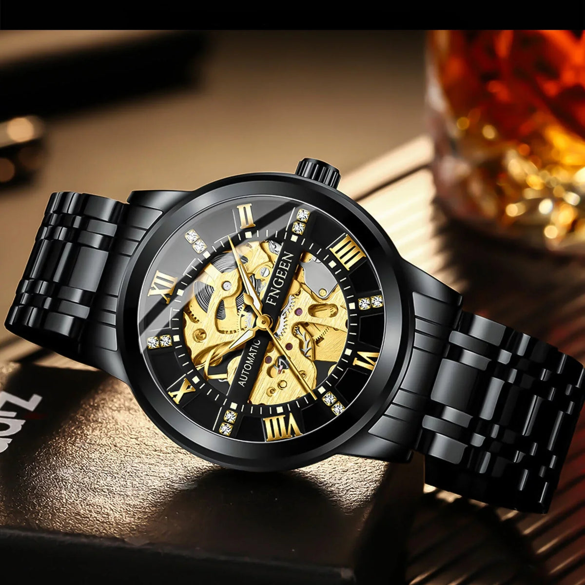 Men's Retro Stainless Automatic FNGEEN Hollow Mechanical Watch Steel Dial Luxury