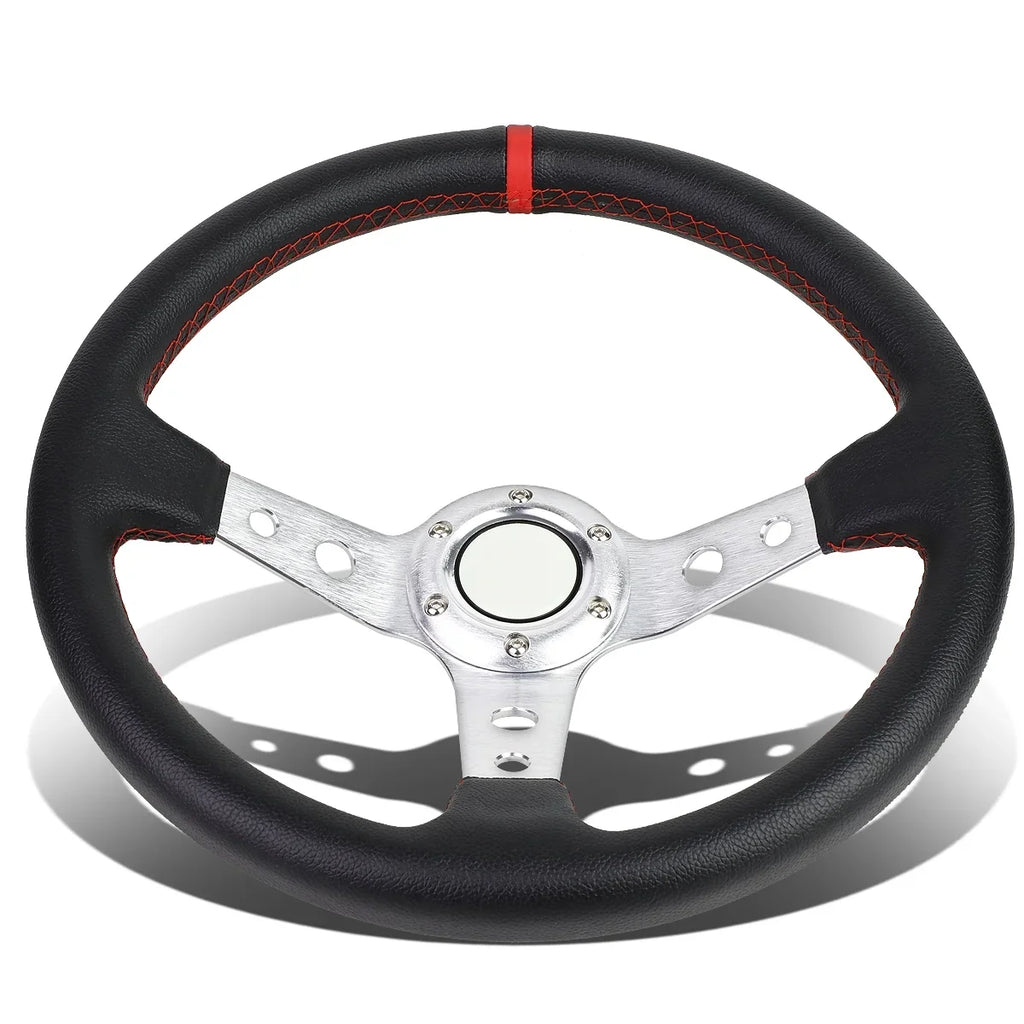 Spoke Silver Steering SW-T520-SL-RD PVC 350mm Red Stitched Wheel Racing Motoring Leather 6-Bolt DNA