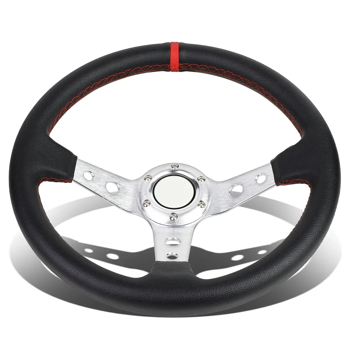 Spoke Silver Steering SW-T520-SL-RD PVC 350mm Red Stitched Wheel Racing Motoring Leather 6-Bolt DNA