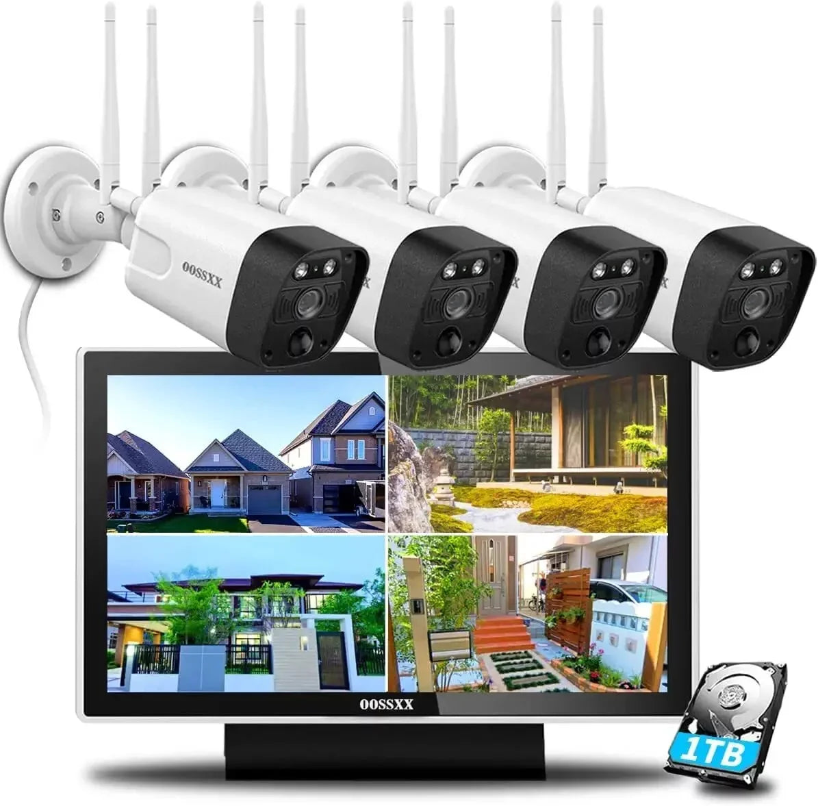 All-in 5.0mp 10-inch two-way Antennas, with Camera monitor audio by one Detection Wireless OOSSXX {Full 4pcs System}, PIR 1TB，Dual