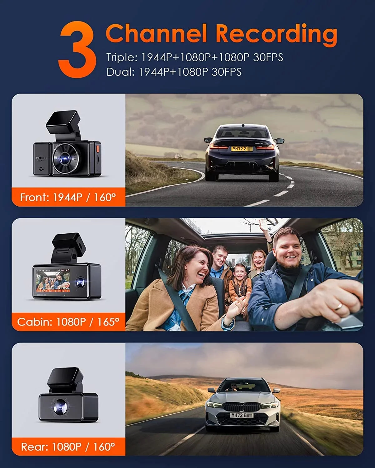 Voice Channel Dash GPS Triple Inside, Front WiFi 512GB 2.5K E3 Rear Control, Max Way and 24 Dash Support 3 3 Vision, STARVIS Hours Parking Night Cam Camera Vantrue IR 1944P+1080P+1080P with Mode,