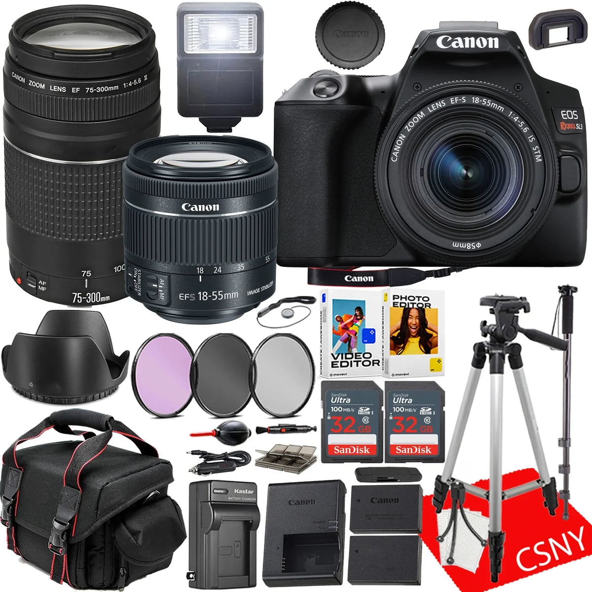 More Charger Canon SL3 Bundle) + + Rebel travel Spare pc Lens Lens + 75-300mm Tripod + + EOS Filters With Software (27 Camera PC DSLR 15-55mm +