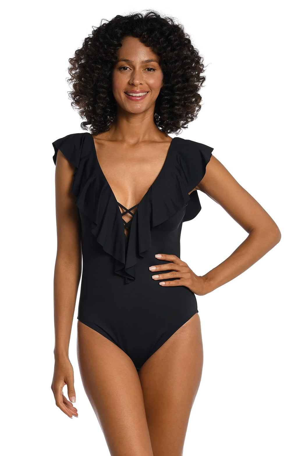 Over Plunge Island Women's Blanca Black, Shoulder 4 La Piece, The Ruffle One Goddess