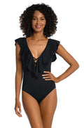 Over Plunge Island Women's Blanca Black, Shoulder 4 La Piece, The Ruffle One Goddess