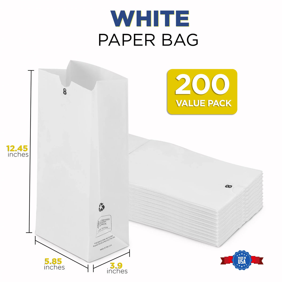 Durable x Paper 8 White Sack Pack] [200 Lunch Shopping 6.13 LB Barrel Grocery 4.13" 12.44 Retail x Bags