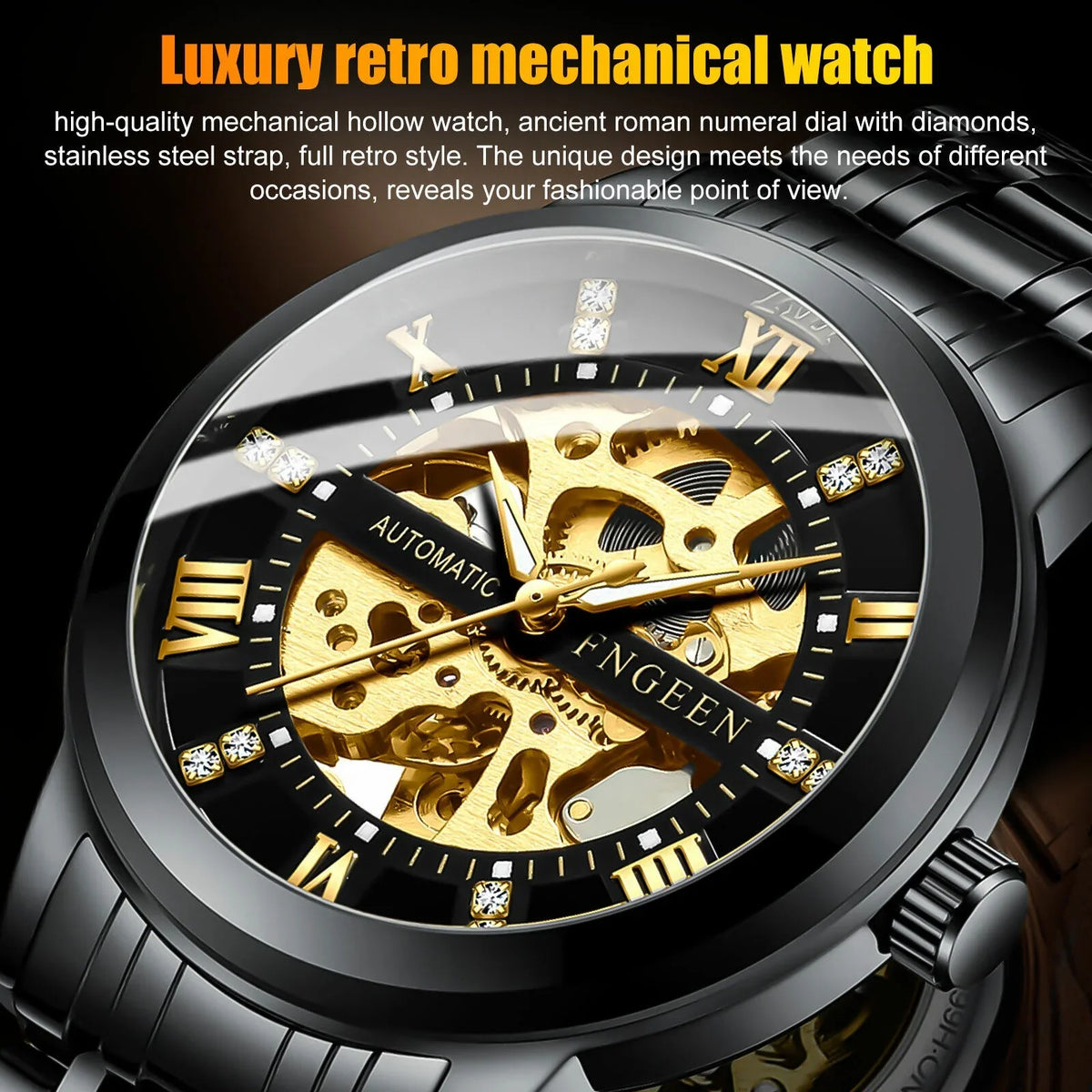 Men's Retro Stainless Automatic FNGEEN Hollow Mechanical Watch Steel Dial Luxury