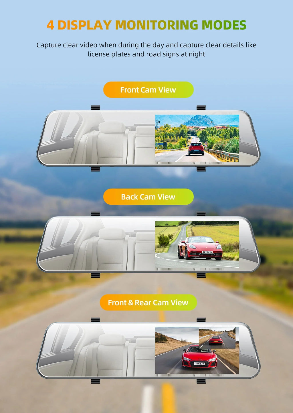 Touch Full Cars, for IPS and Screen Front Loop Camera Cam Mirror Dual Assistant Recording, TOGUARD Rear Rear Parking Camera, Monitor, 5'' G-Sensor, Dash View with Dash Mirror HD Parking 1080P