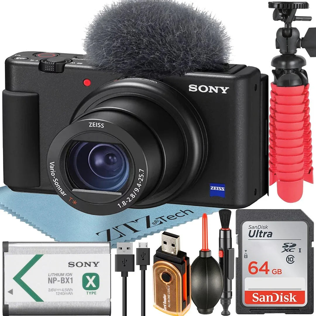 SanDisk Bundle Accessory with + Card (Black) ZV-1F Sony Camera 64GB Memory Vlogging ZeeTech