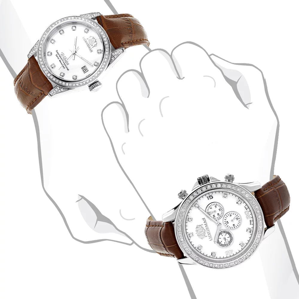 MOP His Plated Hers Watches Watches White and Matching Gold Diamond