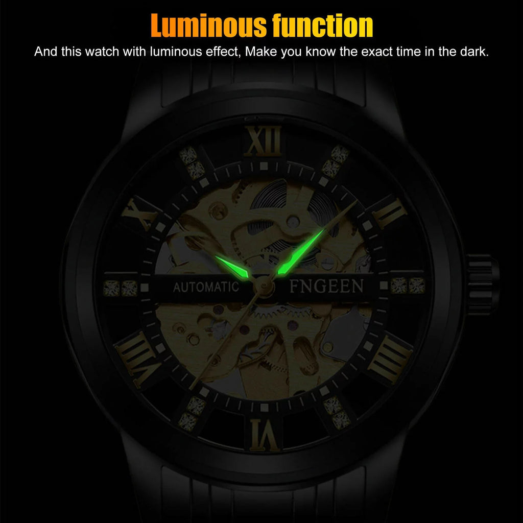 Men's Retro Stainless Automatic FNGEEN Hollow Mechanical Watch Steel Dial Luxury