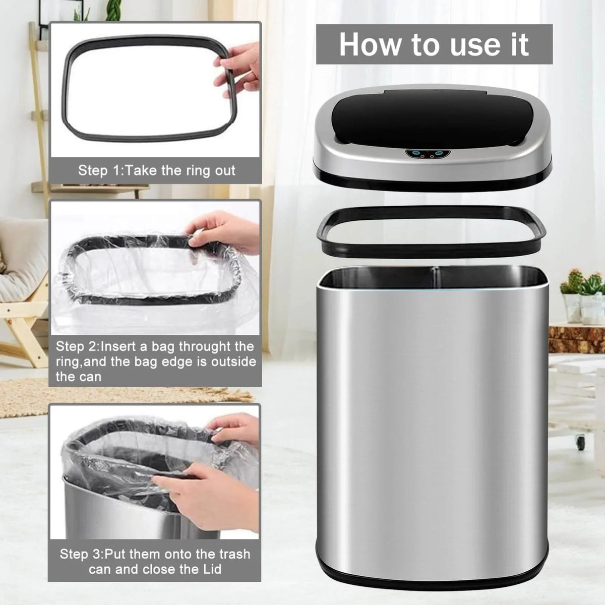 Office Can Touch-Free Trash Waste with Steel Automatic Silver Motion Home, Lid, Anti-Fingerprint Bin Designed Kitchen for Garbage Stainless Gallon NiamVelo Can with Sensor, 13 Mute &