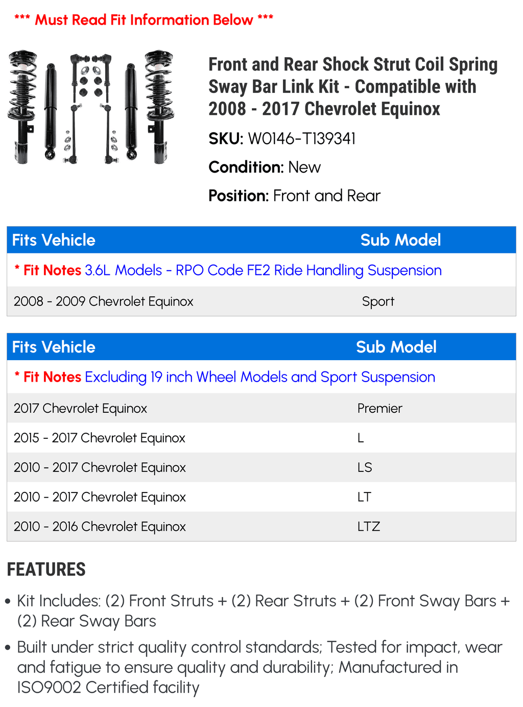 Spring Compatible Strut Link Suspension and Sport 2009 2011 8 Rear Shock - Bar Chevy 2012 2008 and Inch (Models Kit - Only) - with 2010 Coil 2017 Wheels Front Sway without Equinox and 19 Piece